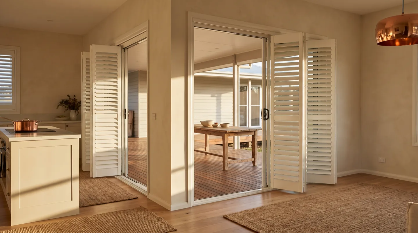White bi-fold shutter panels folded back from a wide opening between kitchen and alfresco deck