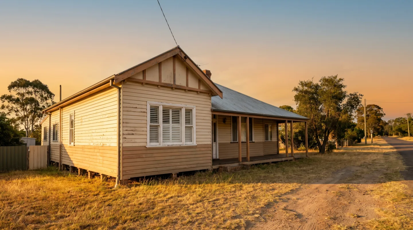 Weatherboard miners cottage on a quiet Cessnock street in late afternoon light