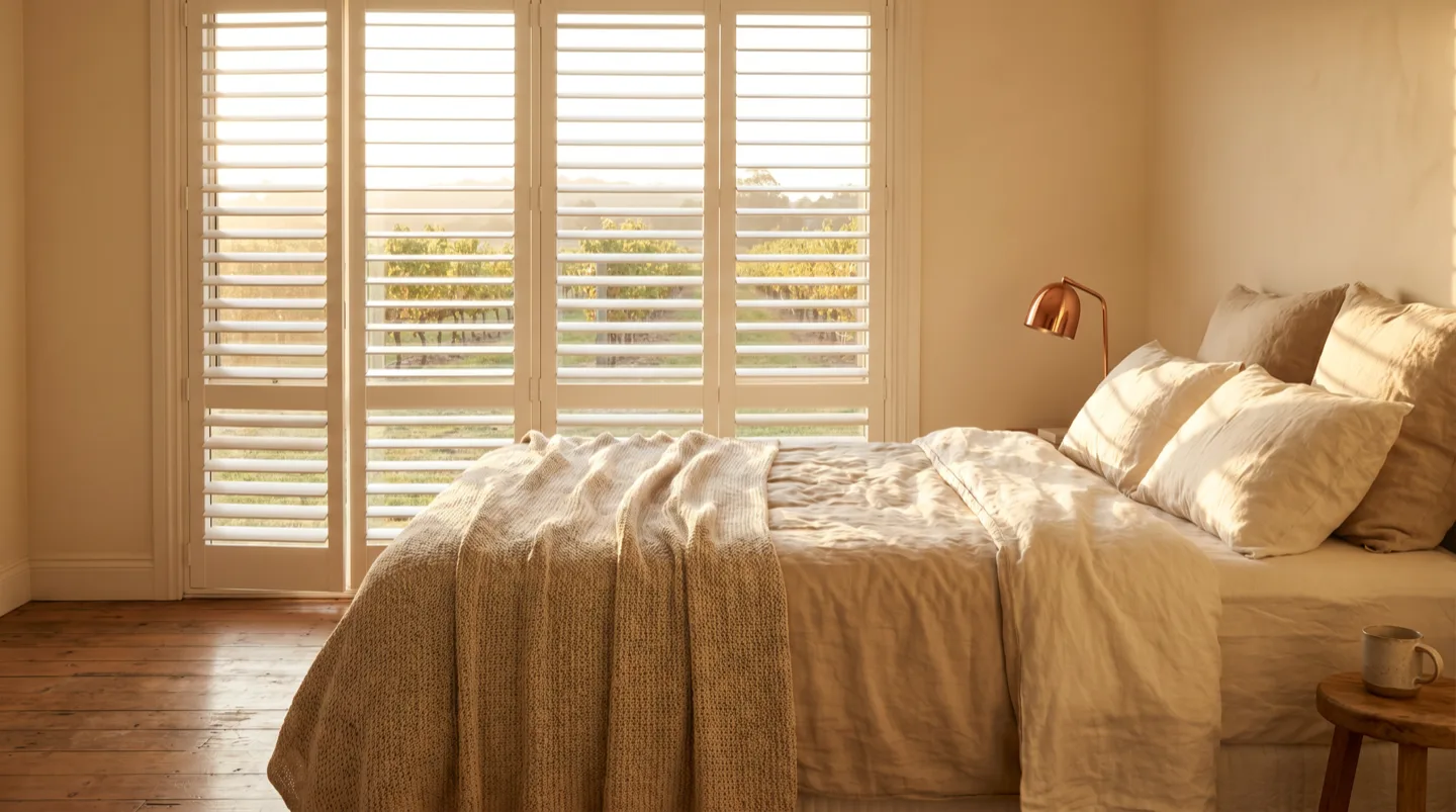 Golden hour vineyard view through plantation shutters in a Pokolbin guest cottage