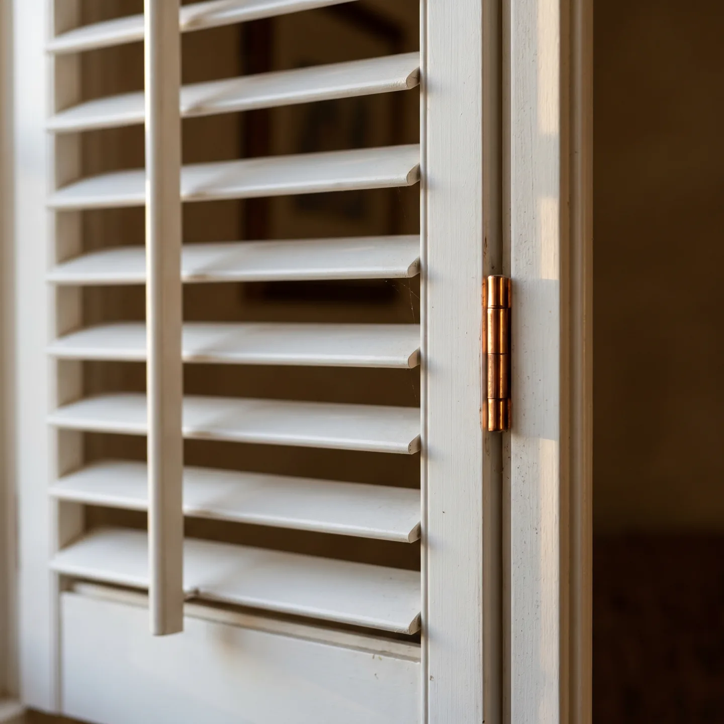 Close-up of a white timber shutter panel with front tilt rod and copper hinge in afternoon light
