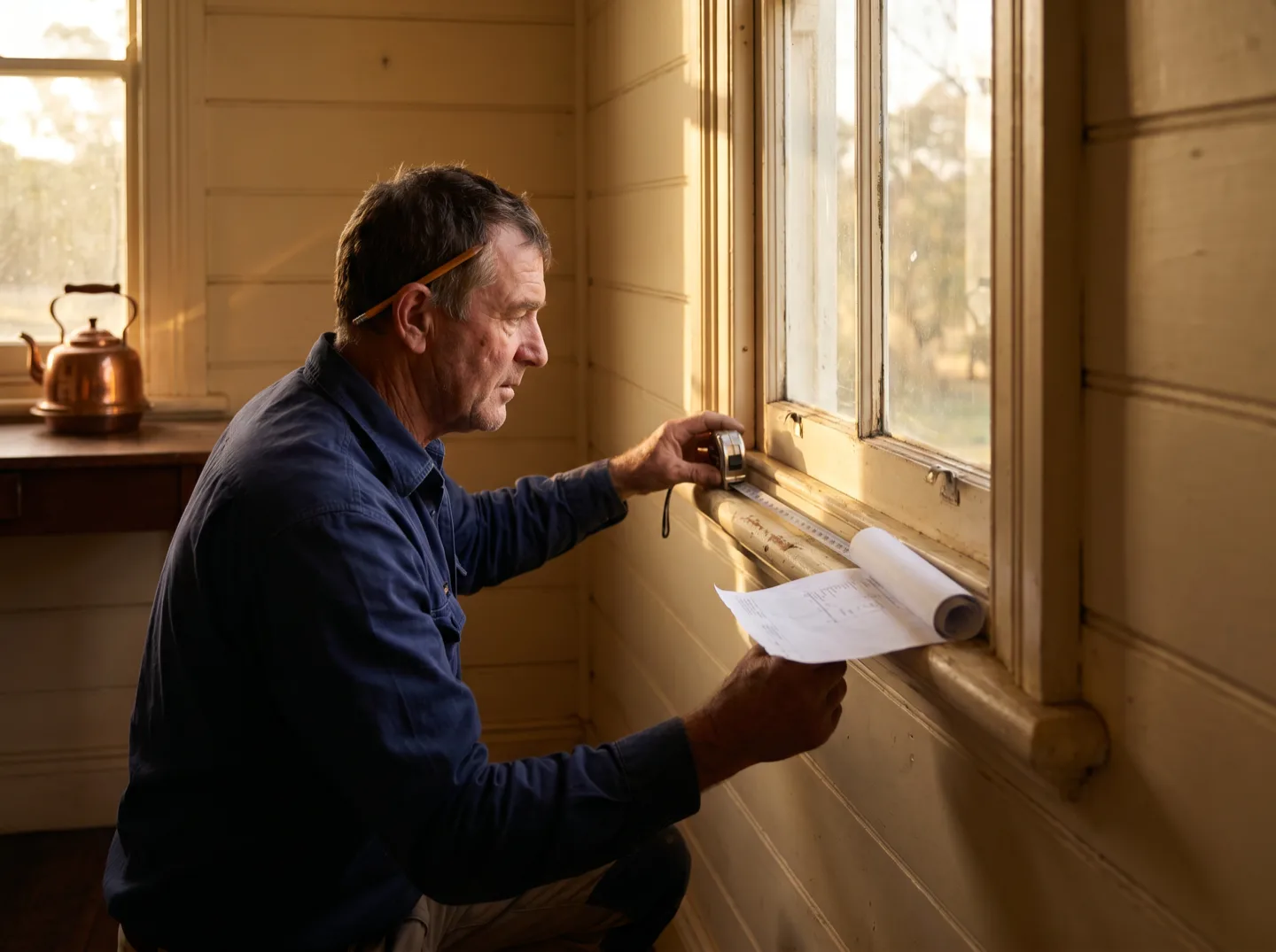 A shutter installer measuring a timber sash window reveal with a tape, measure sheet in hand