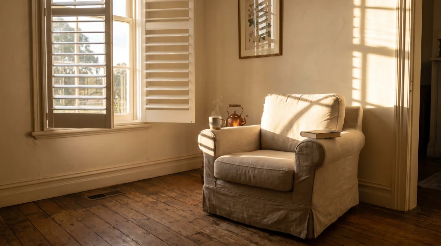 Winter sun reaching into a country-town living room through open plantation shutters