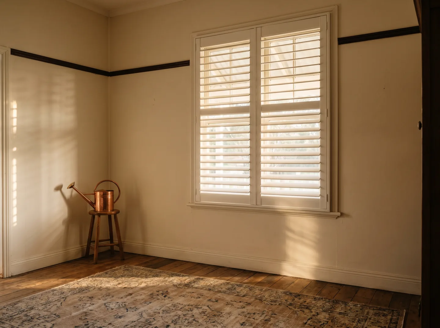 White front-tilt timber shutters on a double-hung sash window in a weatherboard cottage